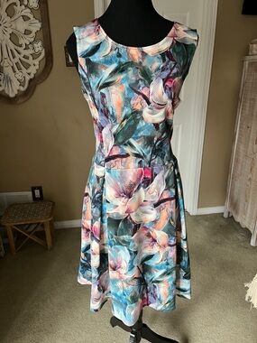 Sleeveless Floral Midi Dress in Teal & Pink